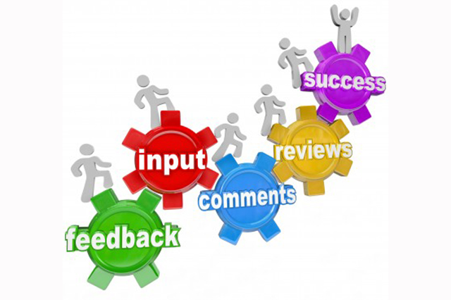 Six cogs pictured in various colours with differing words. Left to right - Feedback, input, comments, reviews and success.