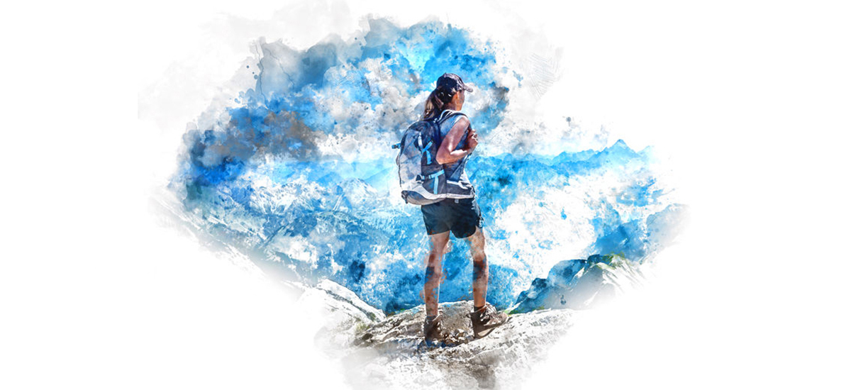 Slide Image. Vector image of hiker on mountainous track
